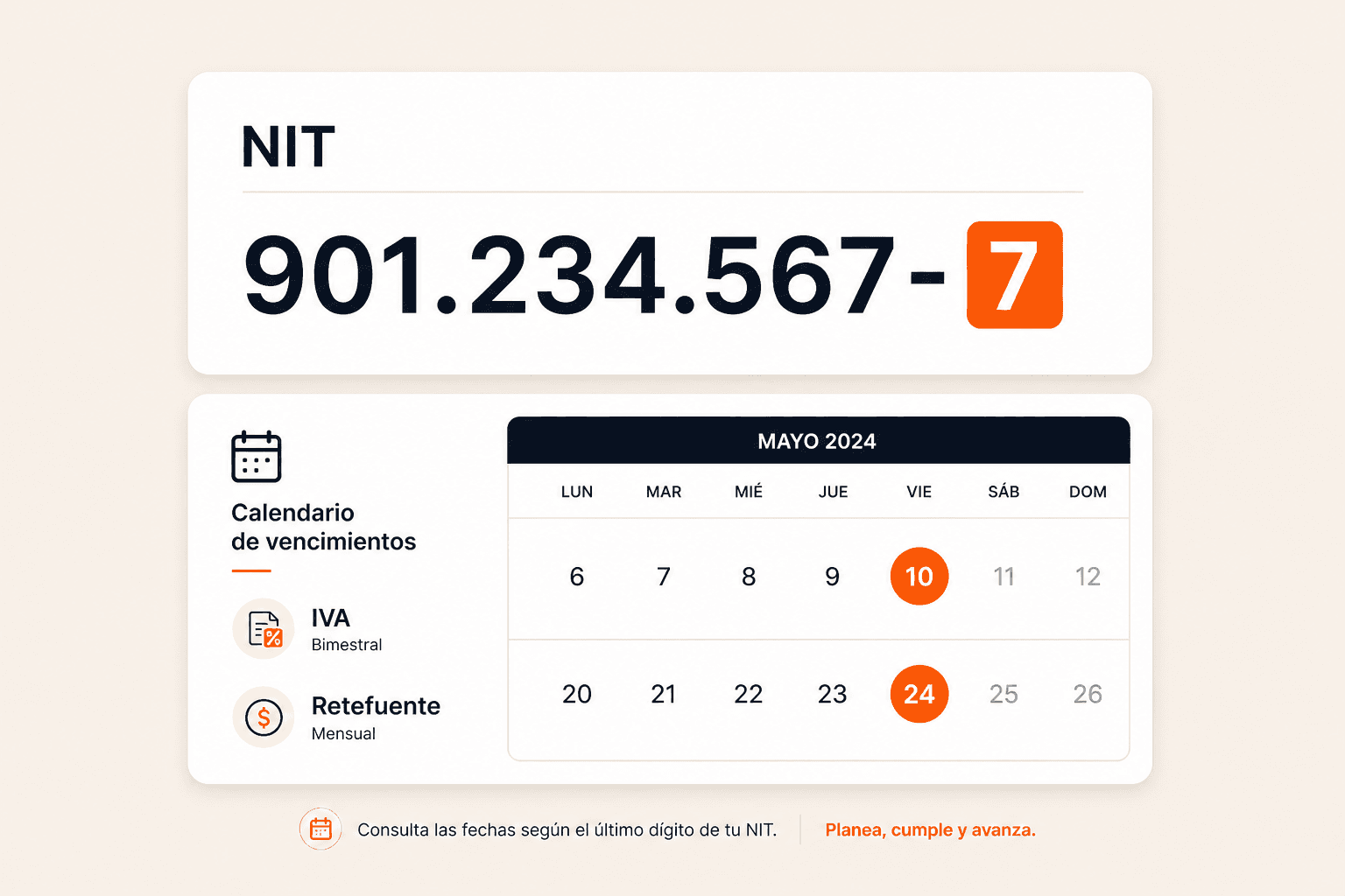 NIT y calendario de vencimientos de IVA y retefuente