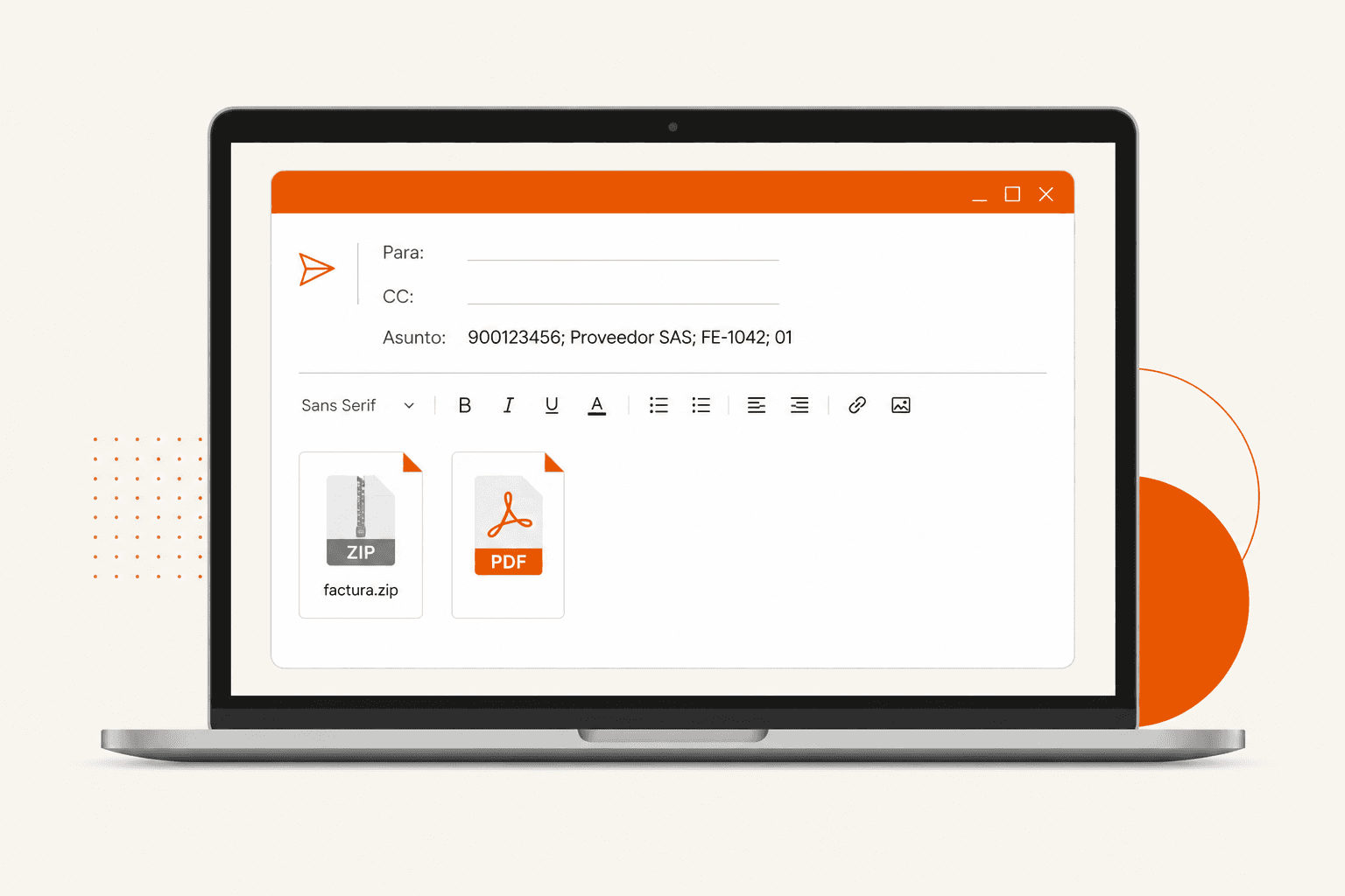 Correo de factura electrónica con un ZIP y un PDF adjuntos